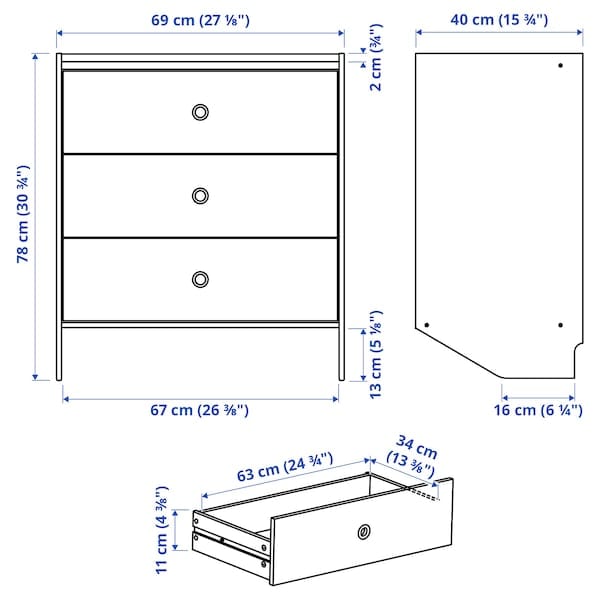 Ikea RACKNÄS - Chest of 3 drawers, white/wall mounted, 69x78 cm