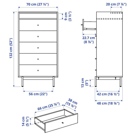 RÅDMANSÖ chest of 5 drawers, brown walnut effect, 70x48x132 cm