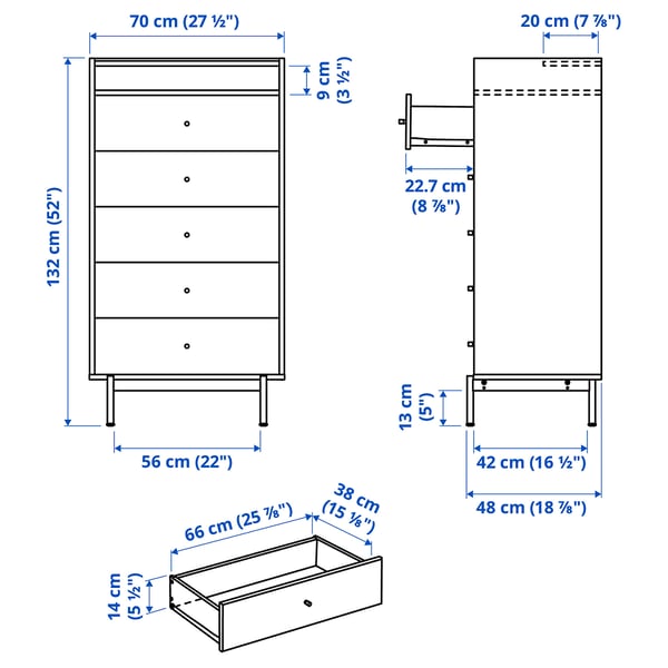 RÅDMANSÖ chest of 5 drawers, brown walnut effect, 70x48x132 cm