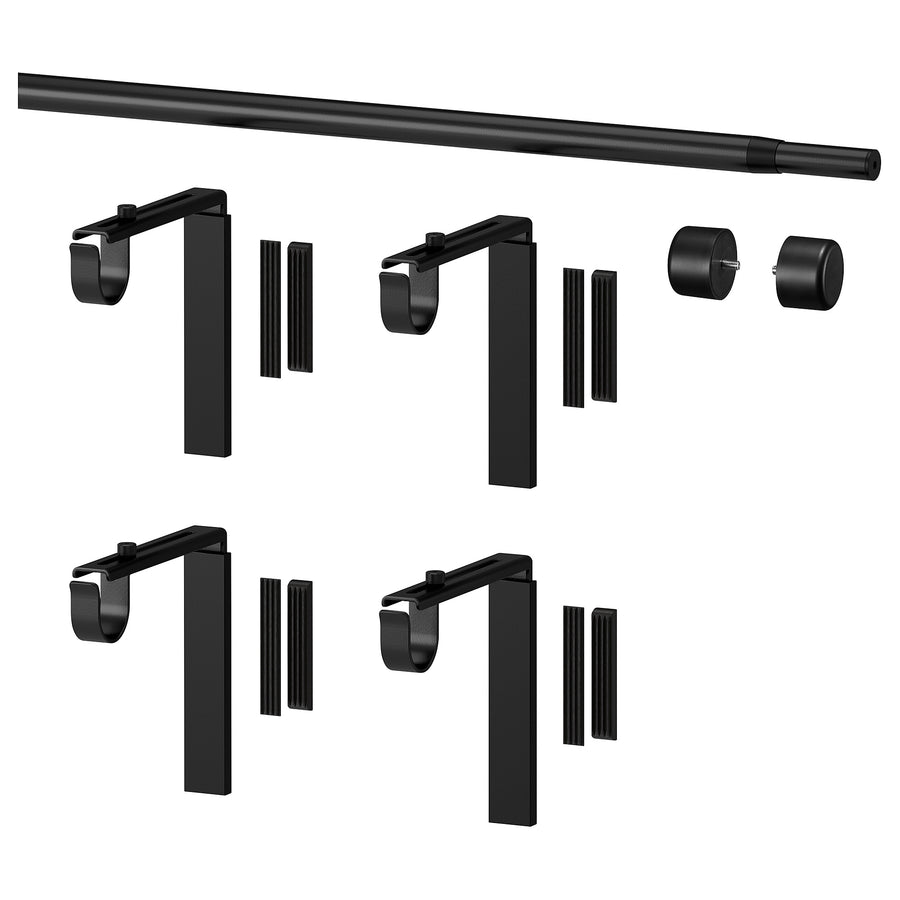 RÄCKA curtain rod combination, with wall/ceiling brackets/with finials black, 210-385 cm
