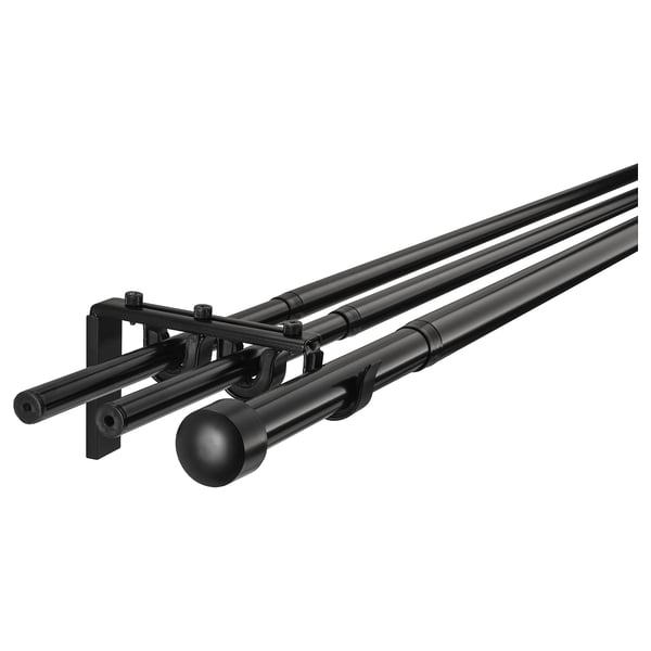 RÄCKA / HUGAD triple curtain rod combination, black, 120-210 cm