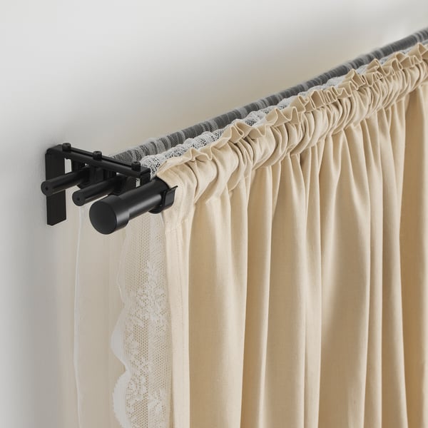RÄCKA / HUGAD triple curtain rod combination, black, 120-210 cm