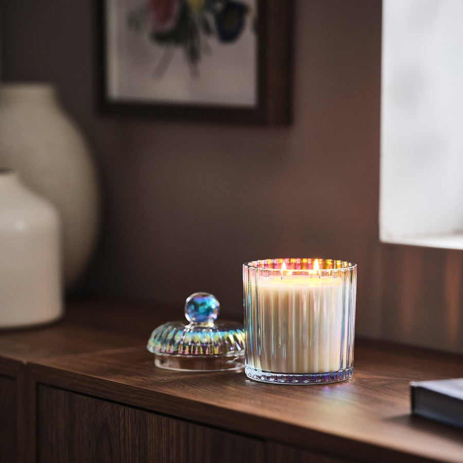 RÄFFELBJÖRK scented candle/glass w lid/2 wicks, Rose & carnation mother-of-pearl colour, 50 hr