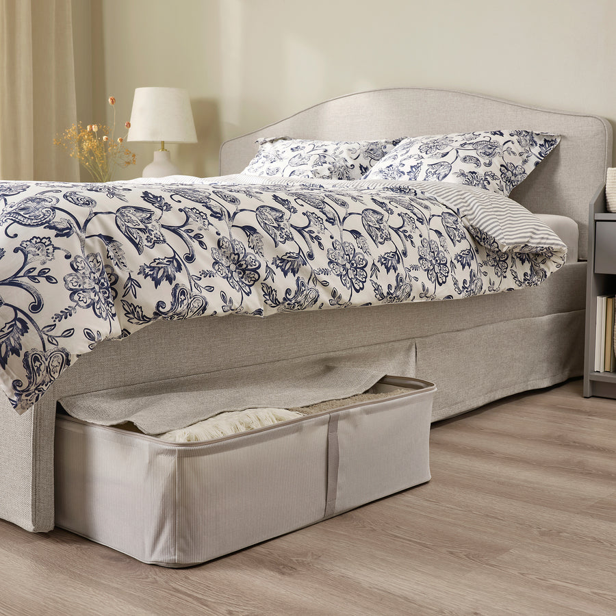 RAMNEFJÄLL upholstered bed frame, Kilanda light beige/Lindbåden, 160x200 cm