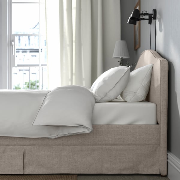 RAMNEFJÄLL upholstered bed frame, Kilanda light beige/Luröy, 160x200 cm