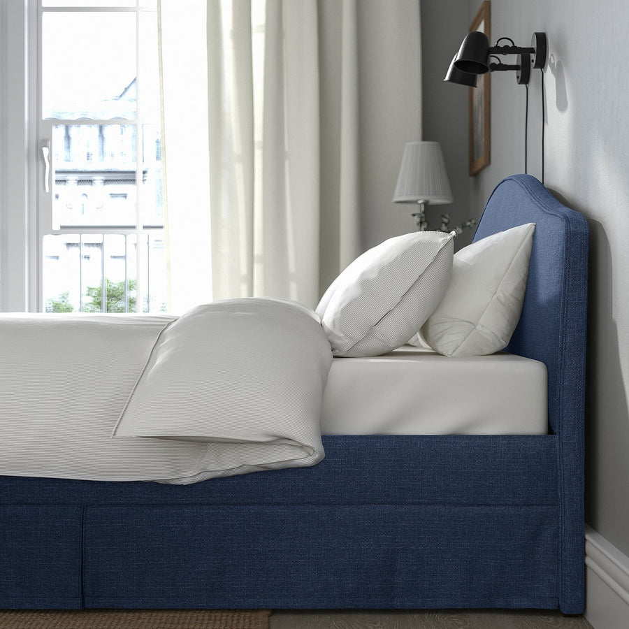 RAMNEFJÄLL upholstered bed frame, Kilanda dark blue/Luröy, 140x200 cm