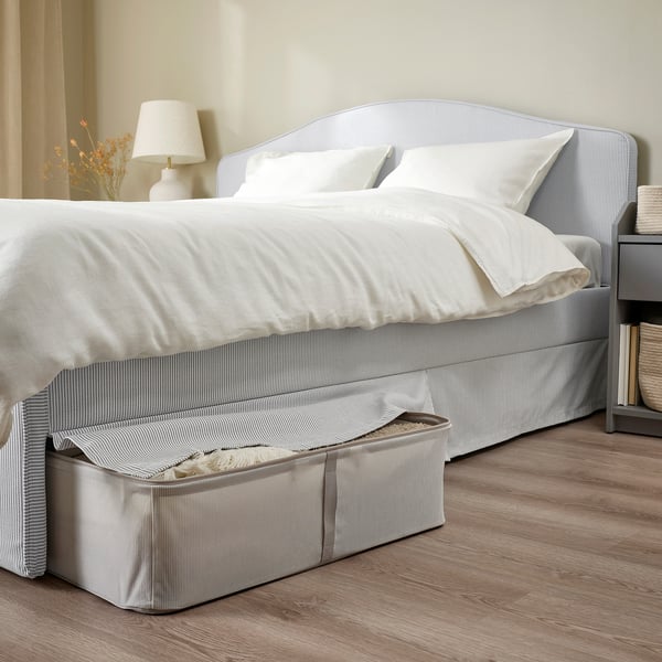 RAMNEFJÄLL upholstered bed frame, Klovsta grey/white/Luröy, 160x200 cm