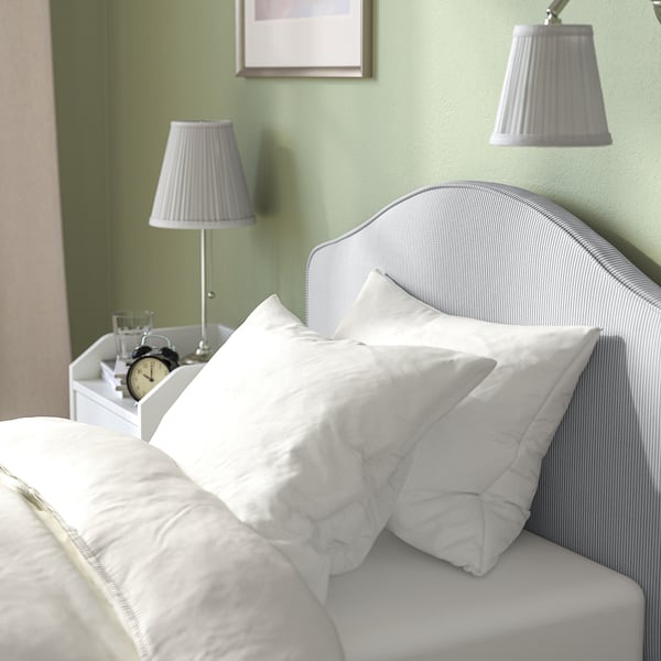 RAMNEFJÄLL upholstered bed frame, Klovsta grey/white/Luröy, 90x200 cm