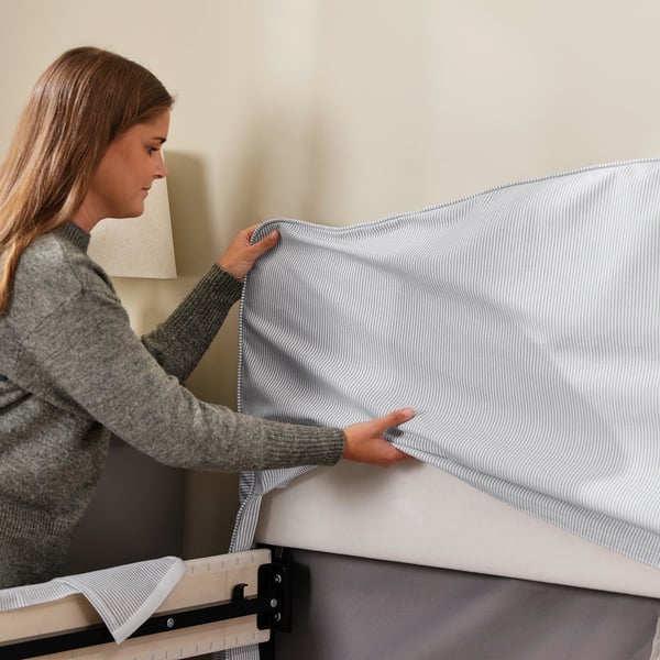 RAMNEFJÄLL upholstered bed frame, Klovsta grey/white, 160x200 cm