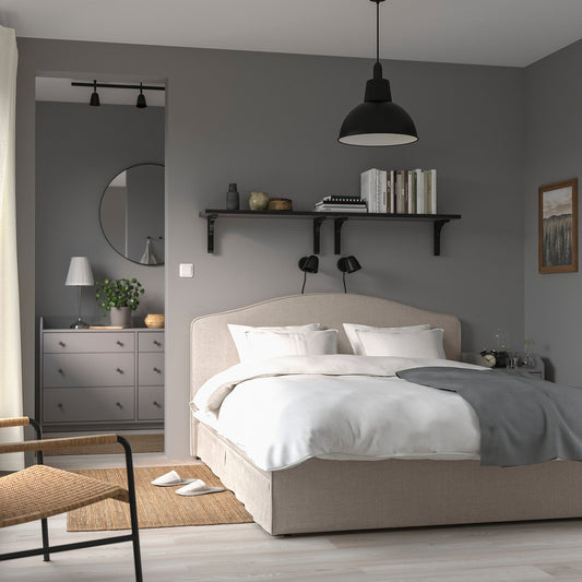 RAMNEFJÄLL upholstered bed frame, Kilanda light beige/Lillhällan, 160x200 cm