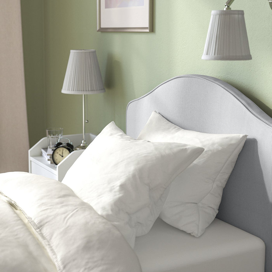 RAMNEFJÄLL upholstered bed frame, Klovsta grey/white/Lillhällan, 90x200 cm