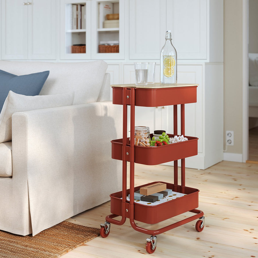 RÅSKOG / NORRÅVA trolley with lid, red-brown, 35x45x77 cm