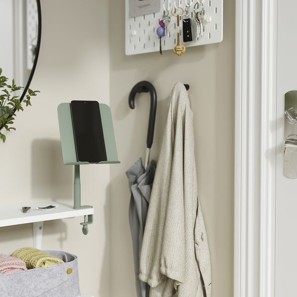 RELATERA phone/tablet holder, with clamp/light grey-green, 14x27x17 cm