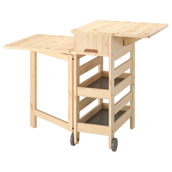 RESARÖ mobile drop-leaf table w storage, pine, 123x64 cm