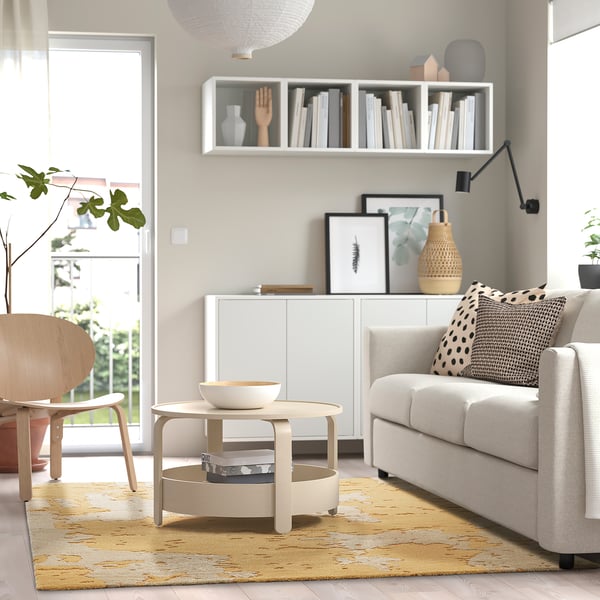 RINGKLOCKA rug, low pile, yellow/off-white, 160x230 cm