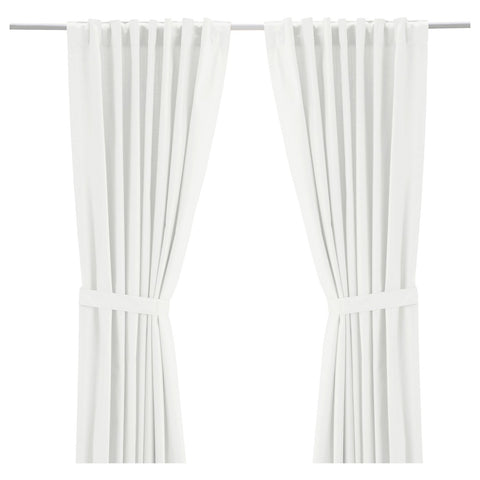 RITVA curtains with tie-backs, 1 pair, white/with heading tape, 145x300 cm