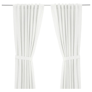RITVA curtains with tie-backs, 1 pair, white/with heading tape, 145x300 cm