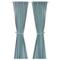RITVA curtains with tie-backs, 1 pair, grey-blue/with heading tape, 145x300 cm