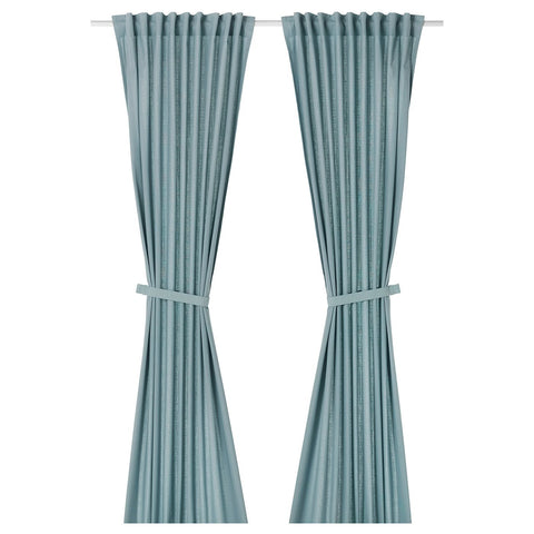 RITVA curtains with tie-backs, 1 pair, grey-blue/with heading tape, 145x300 cm