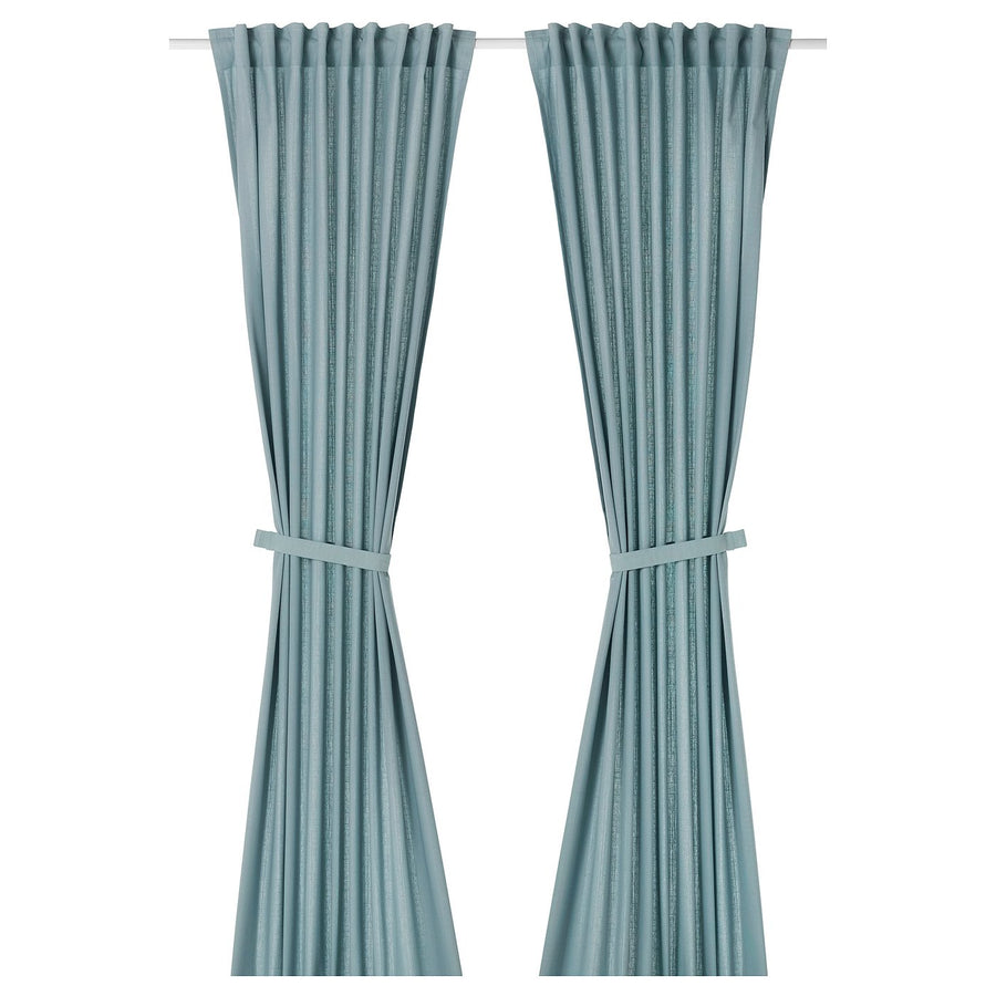 RITVA curtains with tie-backs, 1 pair, grey-blue/with heading tape, 145x300 cm