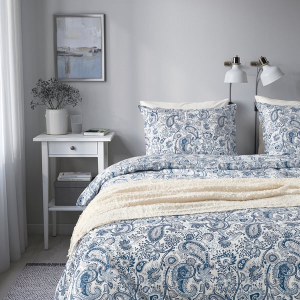 RODGERSIA duvet cover and 2 pillowcases, blue/white, 240x220/50x80 cm