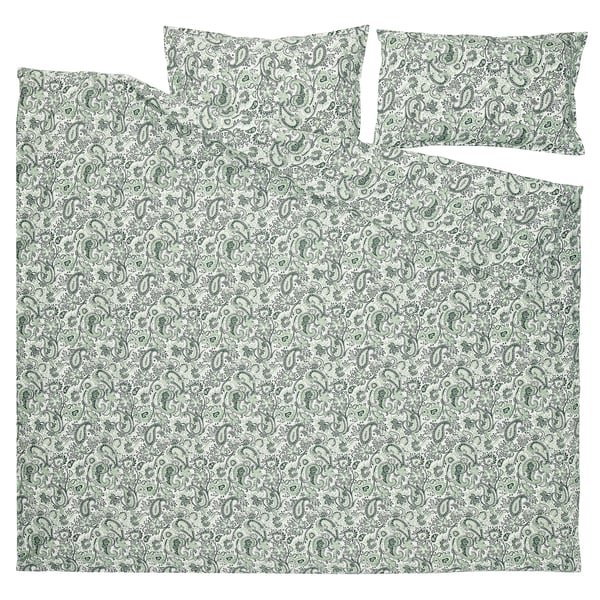 RODGERSIA duvet cover and 2 pillowcases, green/white, 240x220/50x80 cm