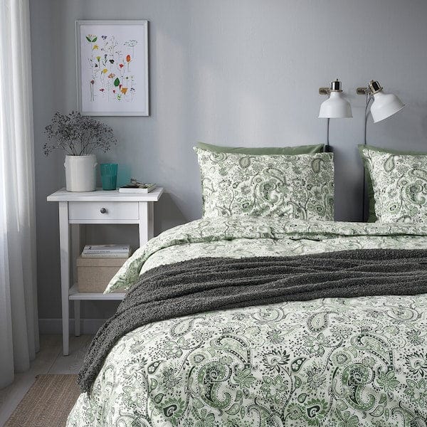 Ikea RODGERSIA - Duvet cover and 2 pillowcases, green/white, 240x220/50x80 cm