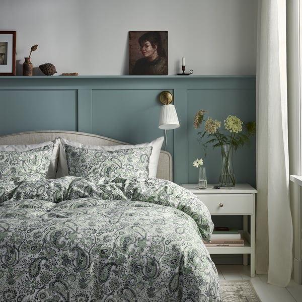 RODGERSIA duvet cover and pillowcase, green/white, 150x200/50x80 cm