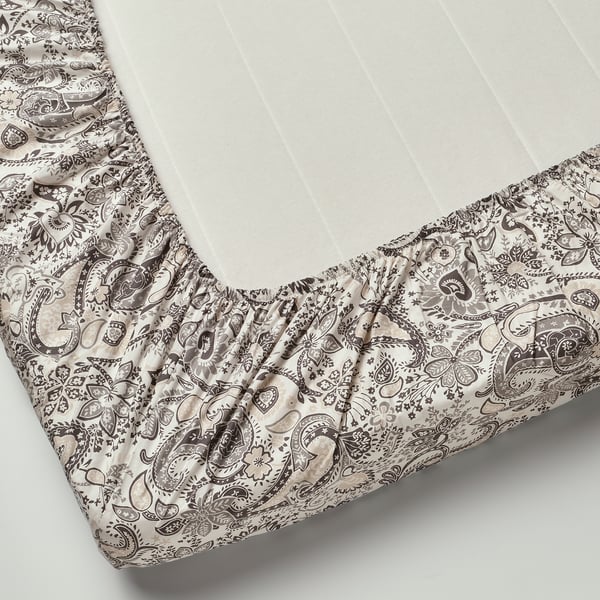 RODGERSIA fitted sheet, grey/white, 160x200 cm