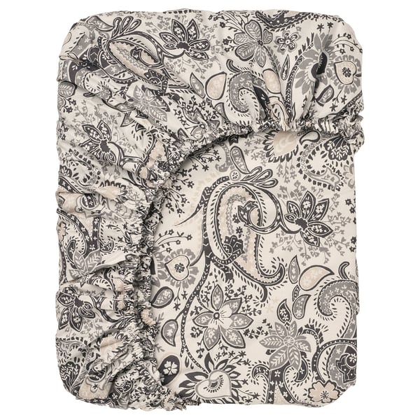 RODGERSIA fitted sheet, grey/white, 160x200 cm