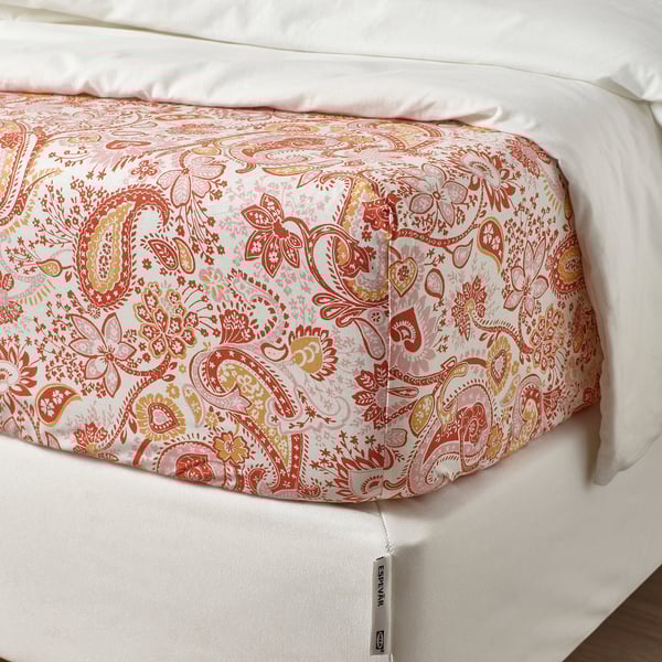 RODGERSIA fitted sheet, pink/white, 180x200 cm