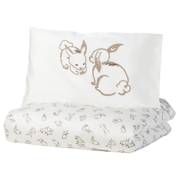 RÖDHAKE duvet cover 1 pillowcase for cot, rabbit pattern/white/beige, 110x125/35x55 cm