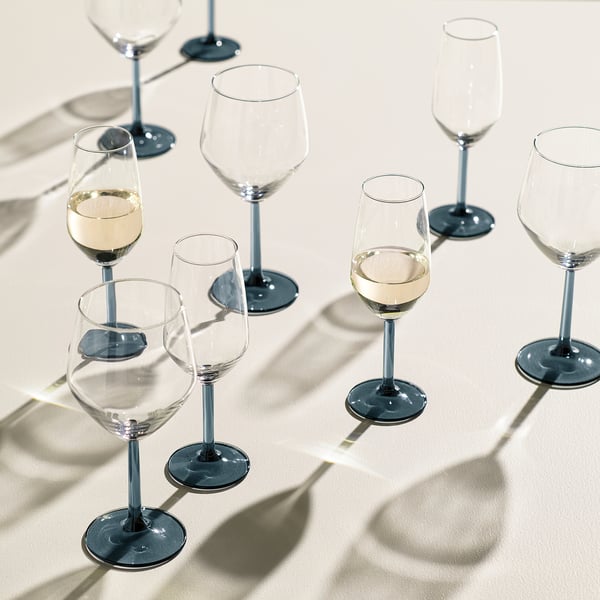 RÖDRÄKA champagne glass, blue-grey/clear glass, 25 cl