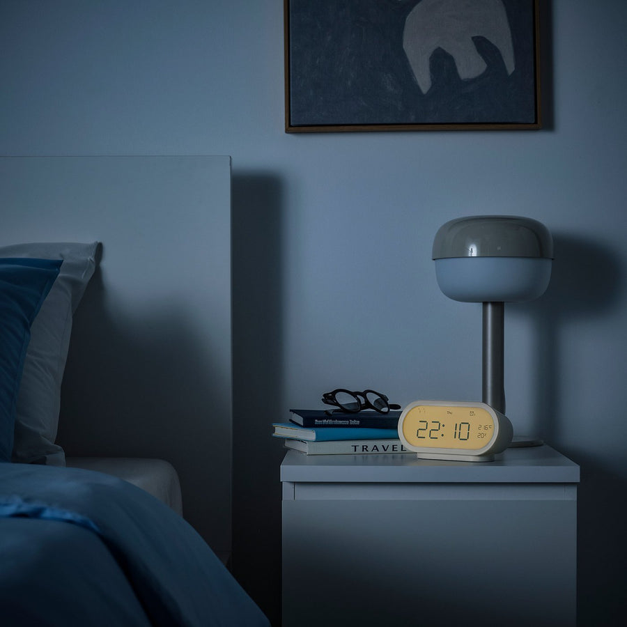 RÖDSTRÄFSE alarm clock with hygro-/thermometer, beige, 17x8x6 cm
