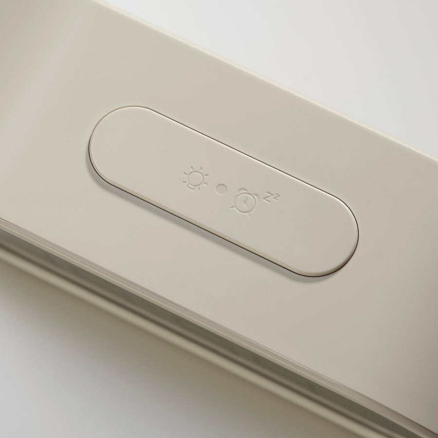 RÖDSTRÄFSE alarm clock with hygro-/thermometer, beige, 17x8x6 cm
