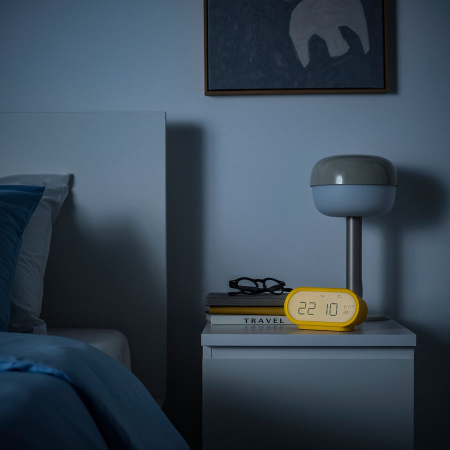 RÖDSTRÄFSE alarm clock with hygro-/thermometer, yellow, 17x8x6 cm