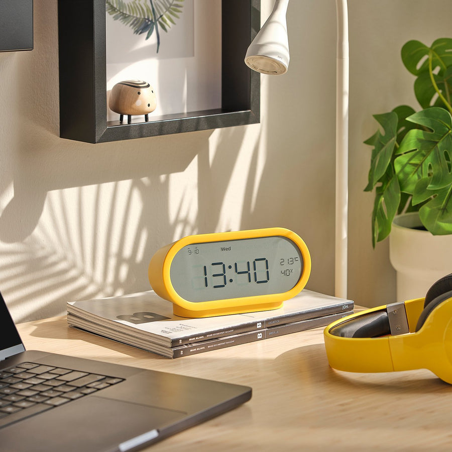 RÖDSTRÄFSE alarm clock with hygro-/thermometer, yellow, 17x8x6 cm
