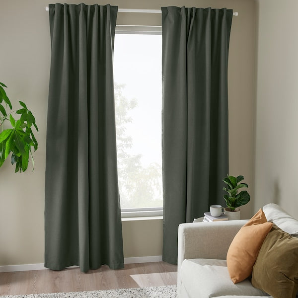 ROSENMANDEL block-out curtains, 1 pair, dark green/with heading tape, 135x300 cm