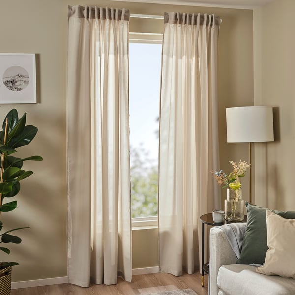 ROSENROBINIA sheer curtains, 1 pair, beige/with heading tape, 145x300 cm
