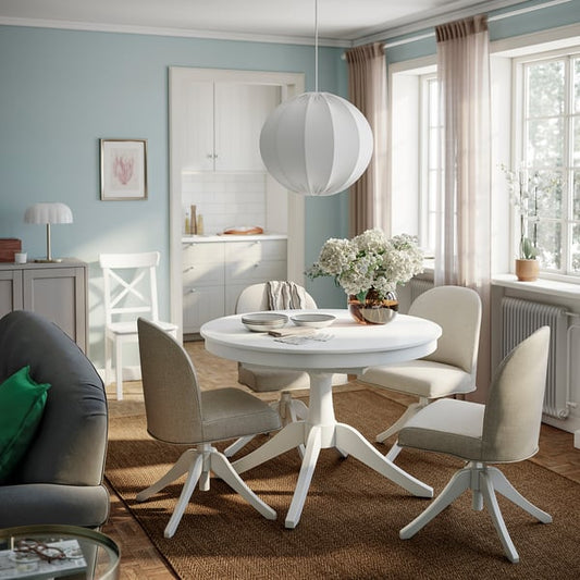 ROSENTORP / ROSENTORP table and 4 chairs, white/white Kilanda light beige, 110/155 cm