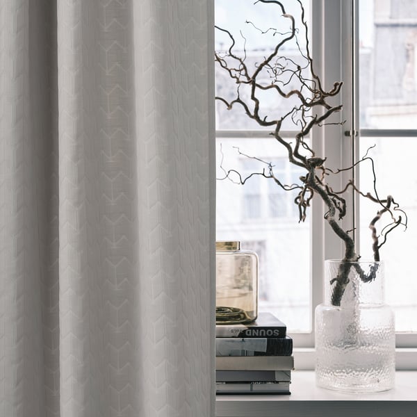 RYSSBRÄKEN room darkening curtain, 1 piece, light grey/with heading tape, 140x300 cm