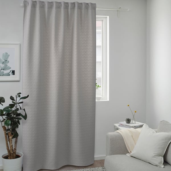 RYSSBRÄKEN room darkening curtain, 1 piece, light grey/with heading tape, 140x300 cm