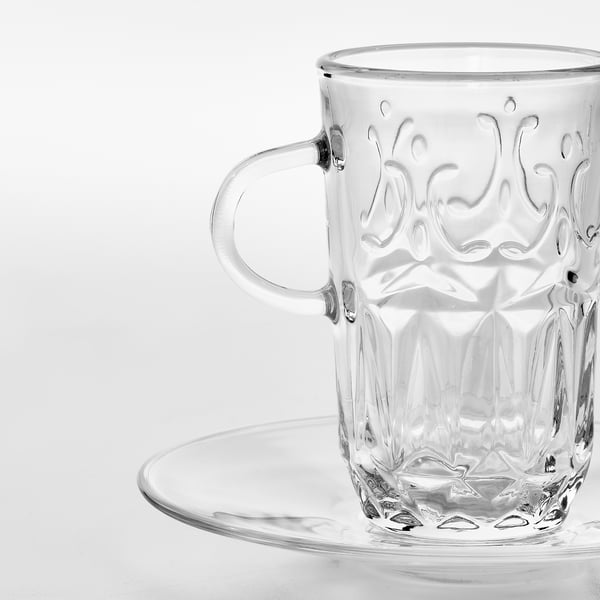 SÄLLSKAPLIG cup with saucer, clear glass/patterned