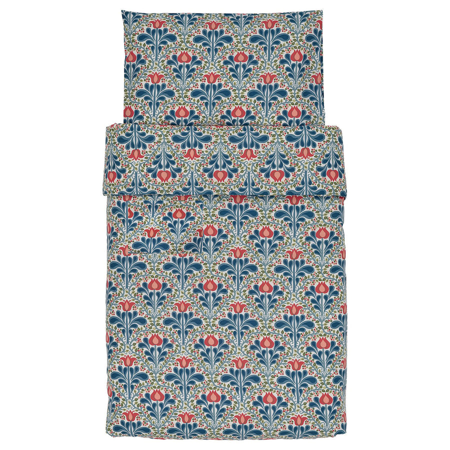 SÄTERVIDE duvet cover 1 pillowcase for cot, white blue/floral pattern, 110x125/35x55 cm
