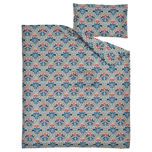 SÄTERVIDE duvet cover 1 pillowcase for cot, white blue/floral pattern, 110x125/35x55 cm
