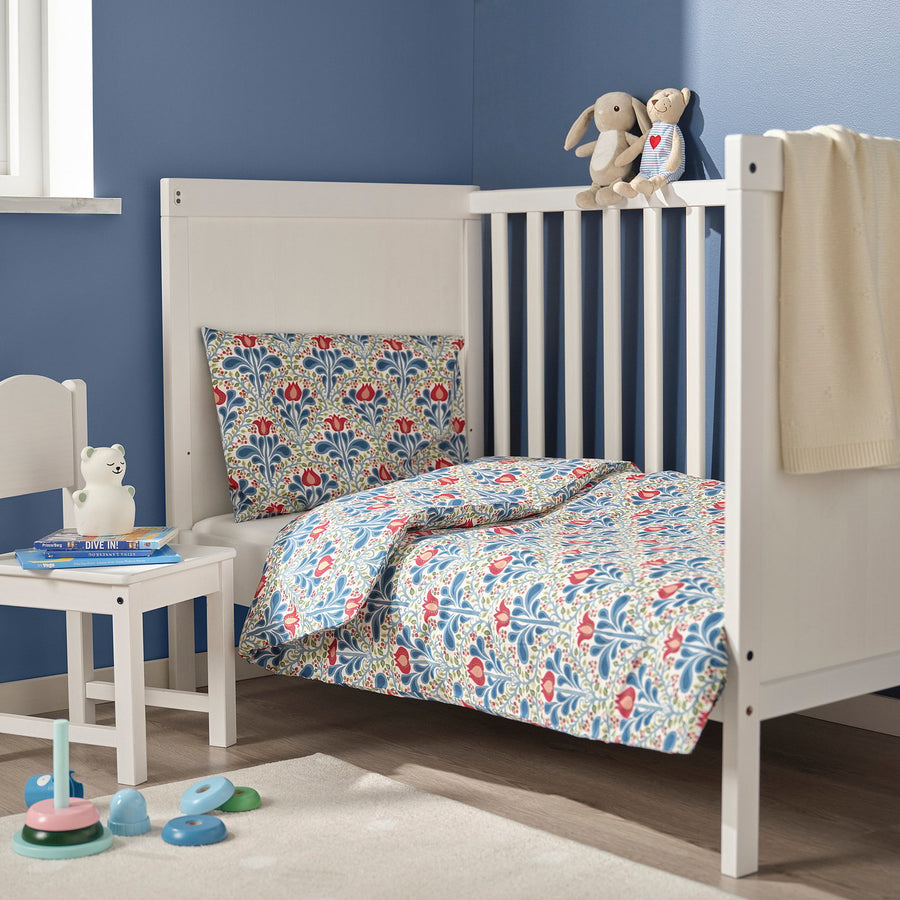 SÄTERVIDE duvet cover 1 pillowcase for cot, white blue/floral pattern, 110x125/35x55 cm