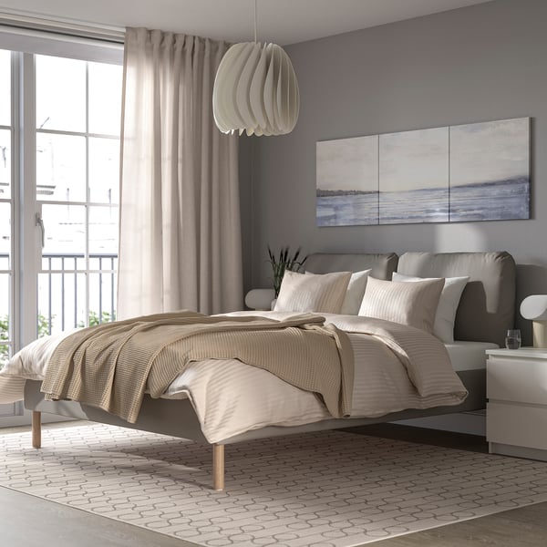 SAGESUND upholstered bed frame, Diseröd brown/Leirsund, 140x200 cm