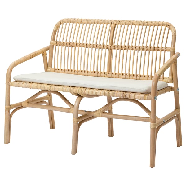 SALNÖ / GRYTTOM bench with pad, armrests rattan/Gransel natural, 113x84x58 cm