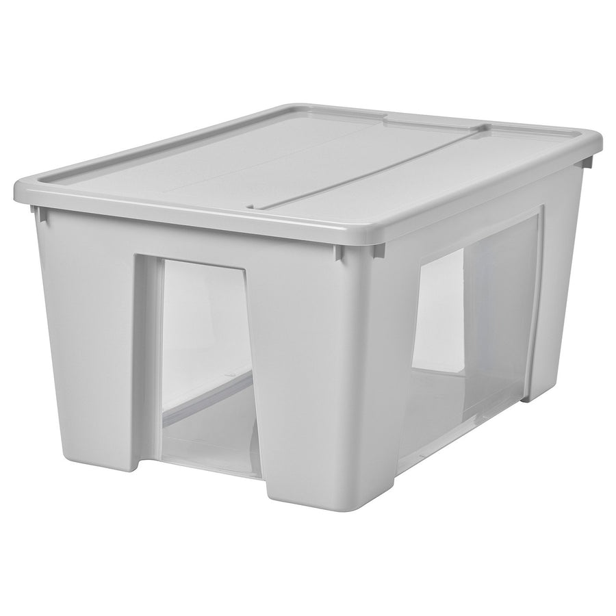 SAMLA box with lid, transparent/light grey, 57x28x39 cm