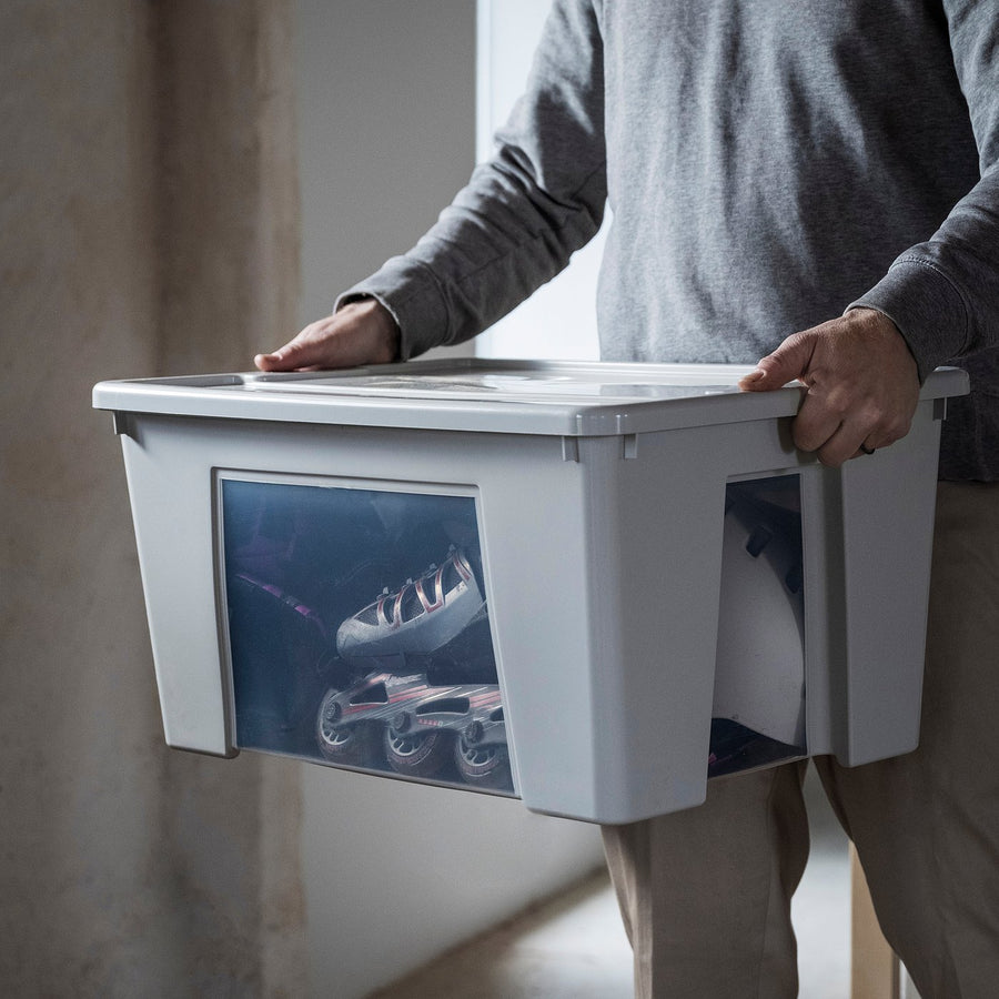 SAMLA box with lid, transparent/light grey, 57x28x39 cm